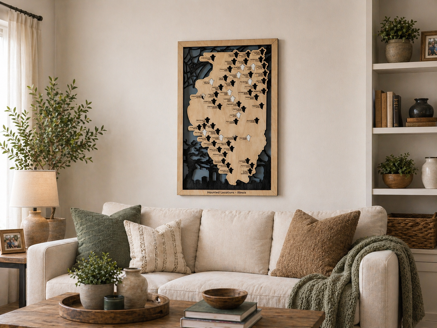 Haunted Illinois Map: Laser-Cut Wood Paranormal Sites, Halloween Decor