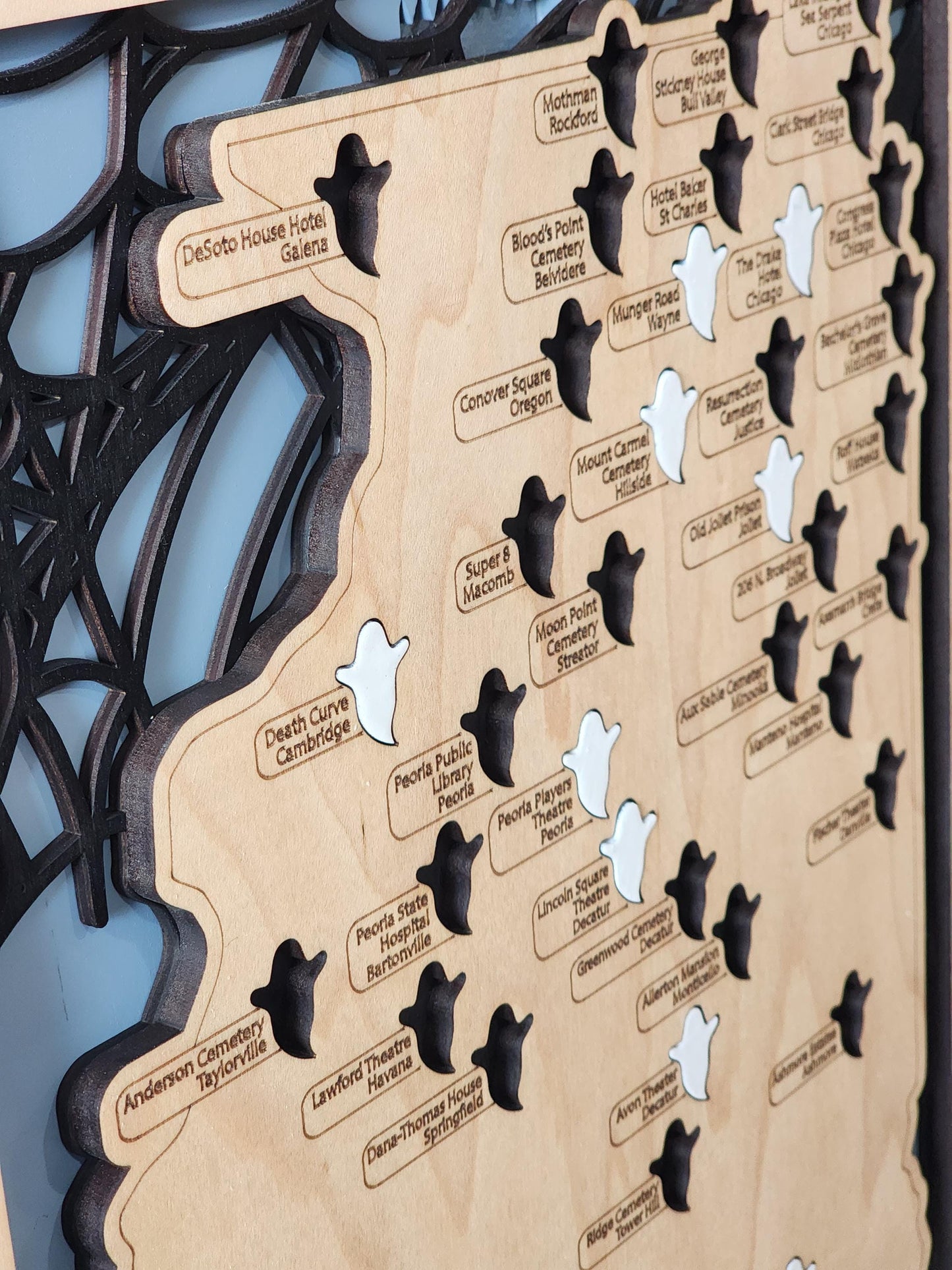 Haunted Illinois Map: Laser-Cut Wood Paranormal Sites, Halloween Decor