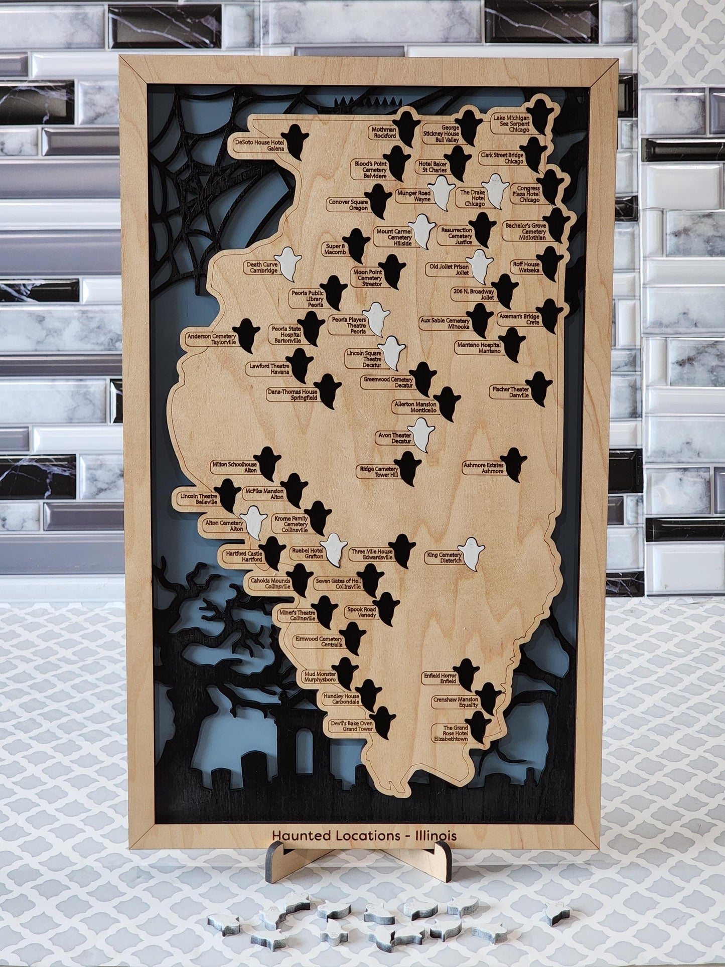 Haunted Illinois Map: Laser-Cut Wood Paranormal Sites, Halloween Decor