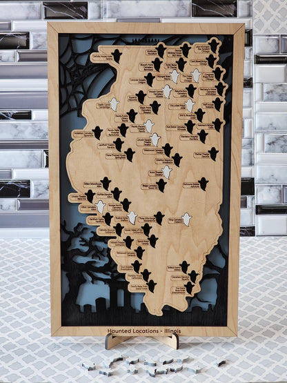 Haunted Illinois Map: Laser-Cut Wood Paranormal Sites, Halloween Decor